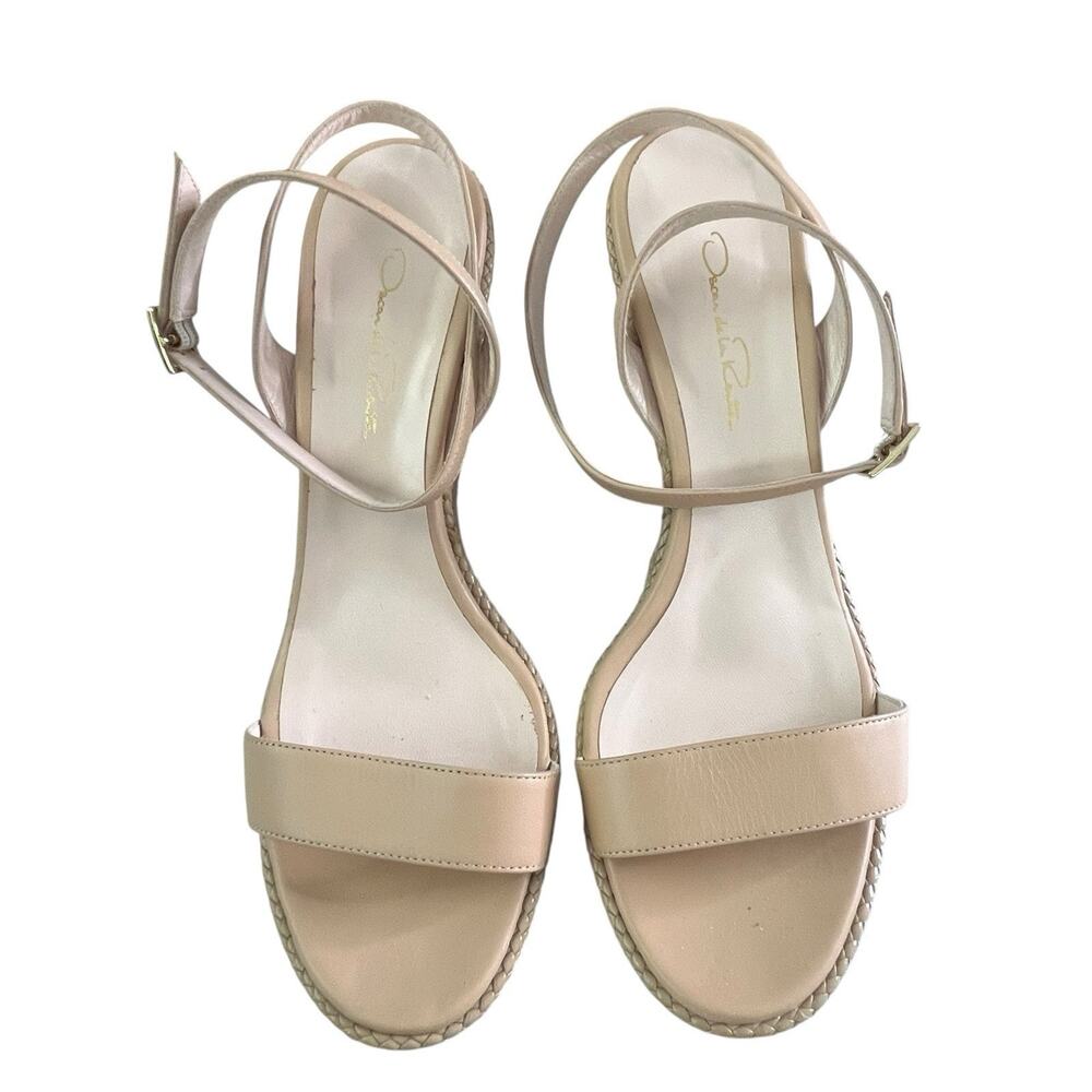 Oscar de la Renta Leather Wedge Sandal ITALY Size 40 US 10 Wrap Ankle Strap Nude - Picture 5 of 15